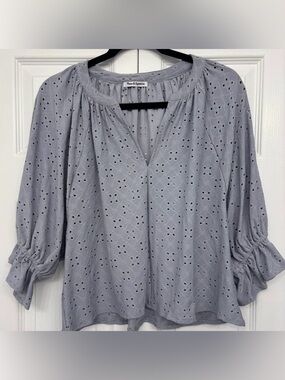 Theo & Spence muted gray/pale blue eyelet blouse size L